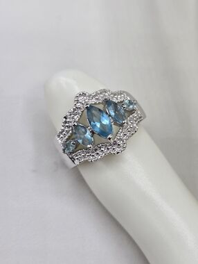 Swarovski Crystal Elements Silver Statement Ring Blue Topaz Size 7 Prom Bridal